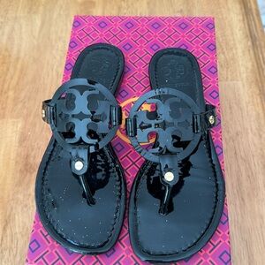 Tory Burch black patent leather Miller sandals